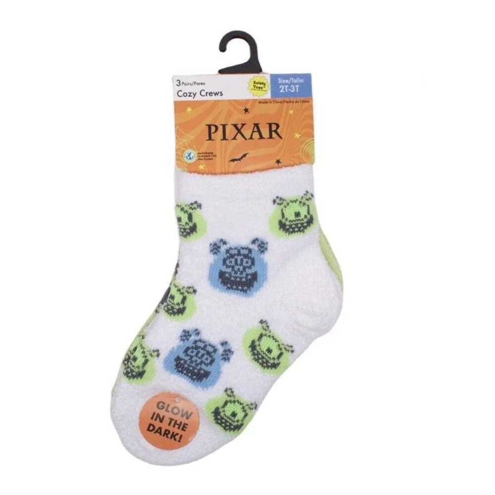 Disney Pixar Monster's Inc Toddlers 3- Pack Cozy Crews Quarter Socks, 12-24M